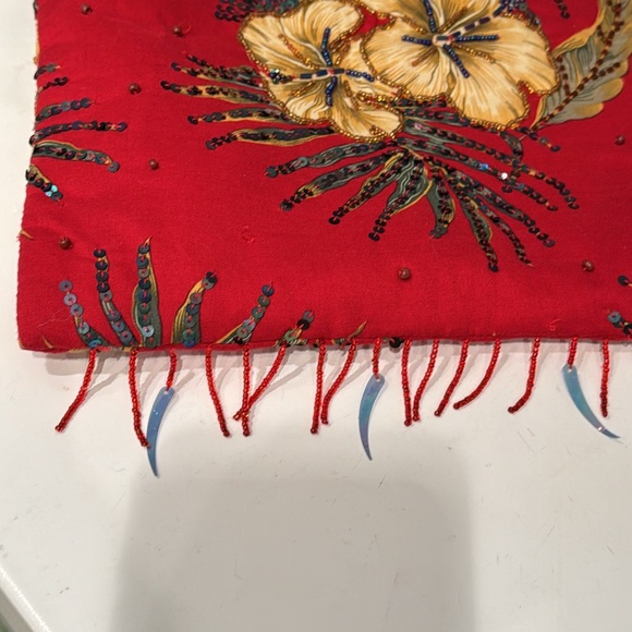 Wood Handles Bag Red Tropical Floral Beaded Sequin - Picture 6 of 7